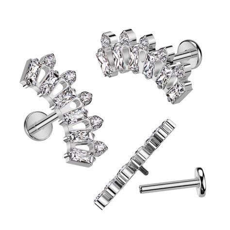 Titanium Labret With Baguette And Round Cz Fan Ear Cartilage Tragus Dait