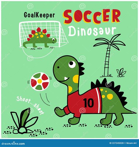 Dinosaur Playing Soccer Funny Animal Cartoon Vector Illustration
