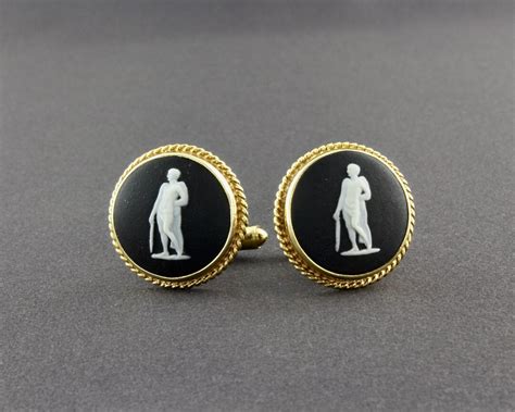 Vintage Shiny Gold Tone Black And White Wedgwood Porcelain Cameo Of A