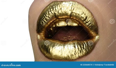 Open Golden Mouth Gold Lips Lipstick And Gloss And Sensual Lips