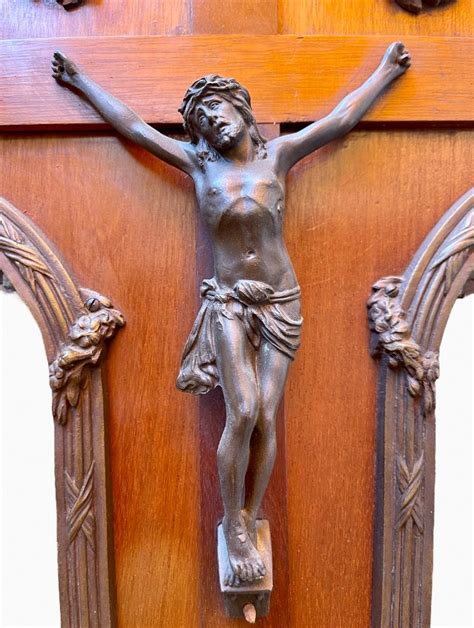 Proantic Crucifix En Bronze Et Bois Sculpt Xixe