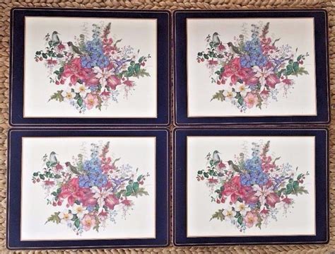 Vintage Pimpernel England Set Of 4 Floral Placemats Deep Blue Border