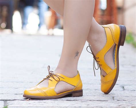 Women Leather Summer Oxfords Summer Flat Shoes Flats Yellow | Etsy ...