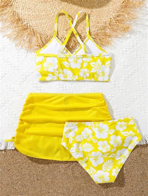 Tween Girl Floral Print Criss Cross Bikini Swimsuit With Beach Skirt