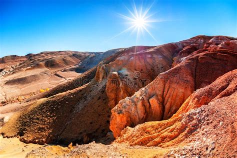 Red Mountains In Kyzyl Chin Valley Altai Siberia Russia Stock Photo