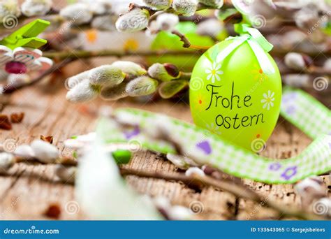 Easter Pussy Willow And Easter Egg On Wooden Background Happy Stock