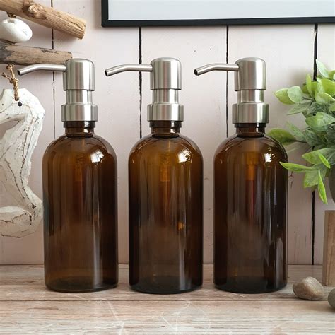 300ml Amber Glass Soap Dispenser Bottles With Brushed Steel Metal Pump Avalon Cosmetic Packaging