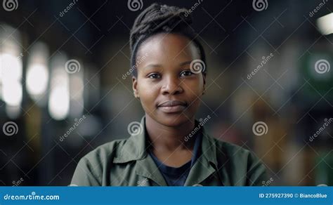 A Smiling African Female Factory Worker Standing In Warehouse Stock