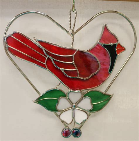 Stained Glass Cardinal And Flowers In Heart Suncatcher Etsy