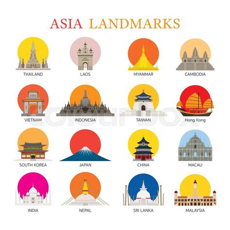 Asia Landmarks Architecture Building Icons Set | Stock Vector | Colourbox