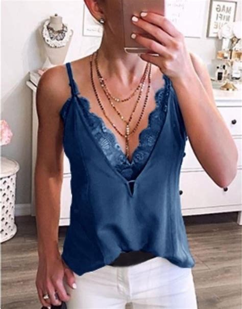 Munlar Womens Sexy Vest Loose Blue Floral Lace Strappy Camisole Sleeveless Tank Tops For Women