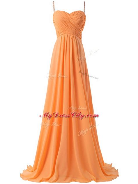 Spaghetti Straps Sleeveless Prom Gown Sweep Train Ruching Orange Chiffon