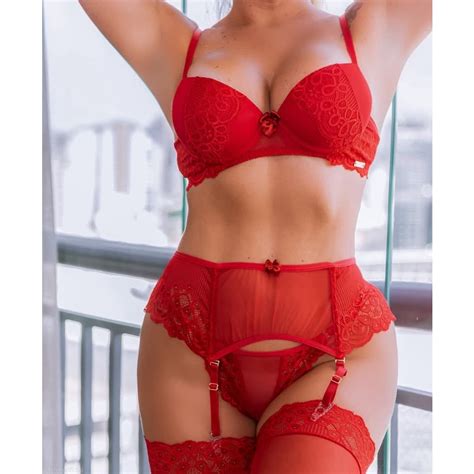 Conjunto De Lingerie Vermelha Cinta Liga E Meia M Shopee Brasil
