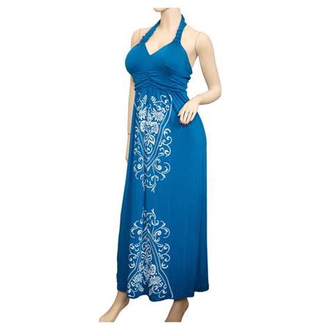 Plus Size Royal Blue Embroidered Maxi Halter Neck Cocktail Dress