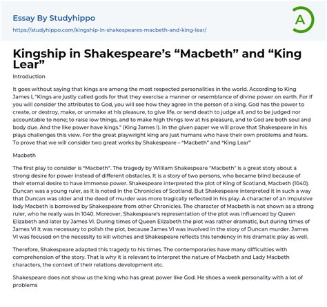 Kingship In Shakespeares “macbeth” And “king Lear” Essay Example