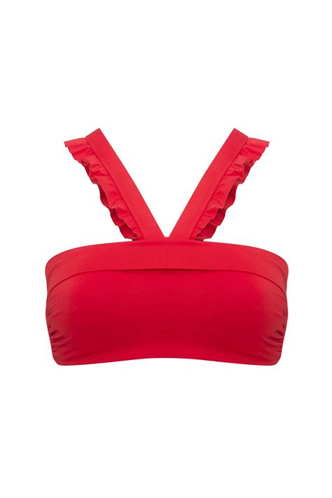 Fırfırlı Bandeau Bikini Üstü Kırmızı Penti