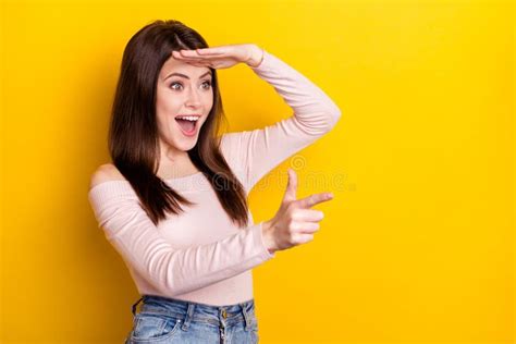 Photo Of Optimistic Brunette Lady Look Point Wear Pink Shirt Isolated