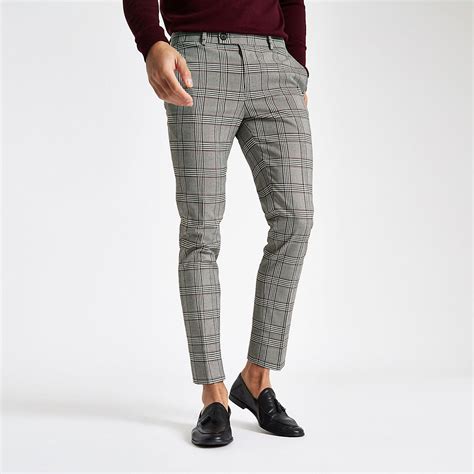 Grey Check Super Skinny Crop Fit Trousers In 2020 Mens Plaid Dress