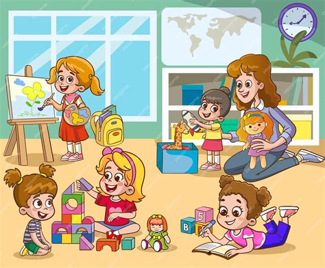 Desenhos De Crianças Brincando Na Escola - Lindas crianças brincando com brinquedos na sala de aula pré-escolar ...