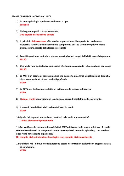 Domande Neuropsicologia Esame Di Neuropsicologia Clinica