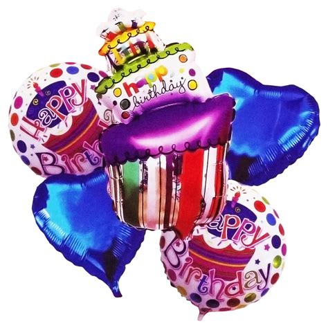 Set Aranjament 5 Baloane Folie Happy Birthday Cu Figurina Tort Balloo