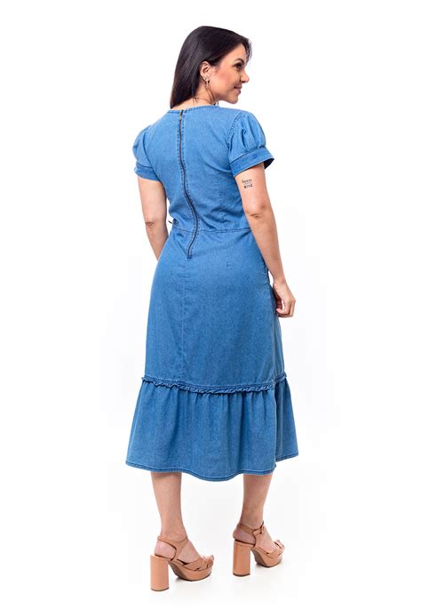 Vestido Midi Sem Elastano Barra Franzida Restrito Jeans