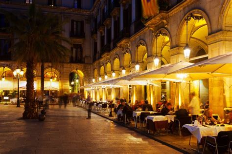 Restaurants at Placa Reial in Winter Evening. Barcelona Stock Image ...