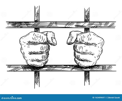 Vector Artistic Drawing of Hands of Prisoner in Prison Cell Holding ...