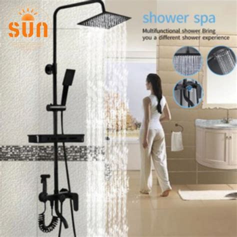 Sun Shower Set In Matte Hot And Cold Stainless Steel Booster Shower With Storage Shelf