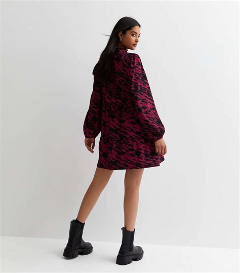 Red Animal Print Tie Neck Smock Mini Dress New Look