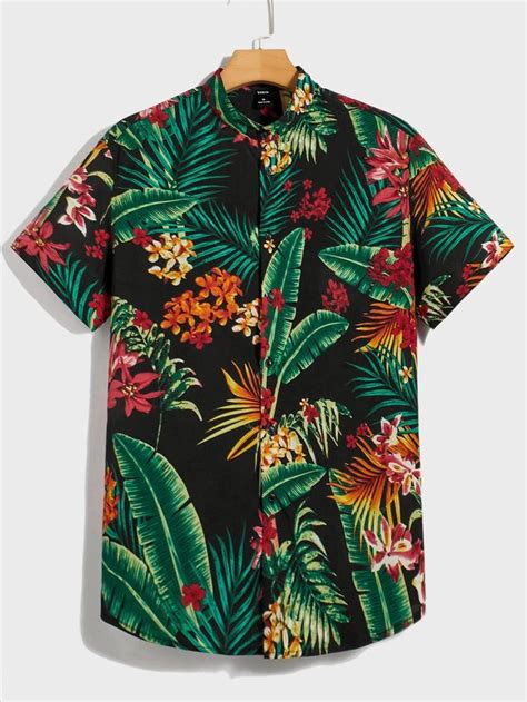 Shein Men Tropical Print Mock Neck Shirt Shein Usa Tropical Shirts