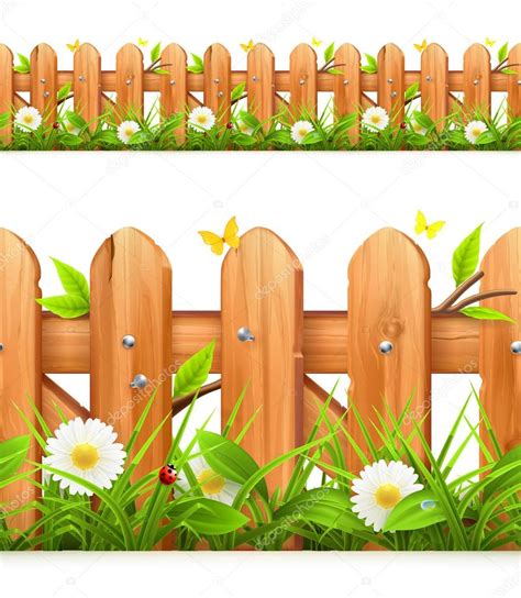 Grass And Wooden Fence Seamless Border Vector Illustration Stock