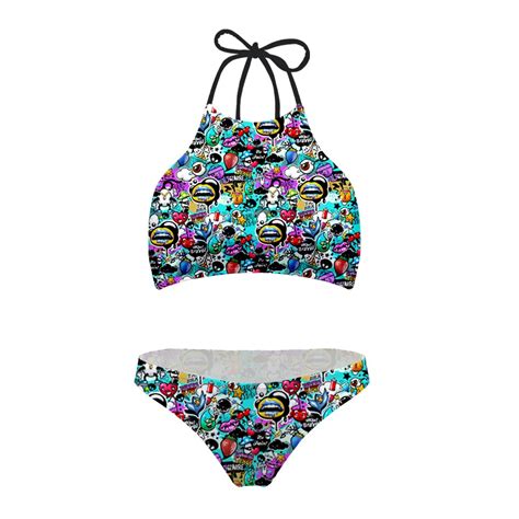 Forudesgins Womens Swimsuit High Waist Bikinis Set Harajuku Graffiti