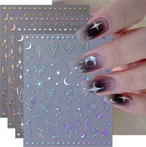 Jmeowio Sheets Aurora Holographic Moon Star Nail Art Stickers Decals