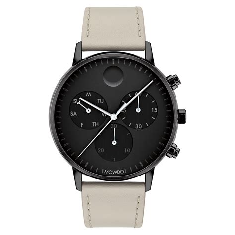 Movado Movado Face Grey Leather Strap Chronoraph Watch With Black Dial