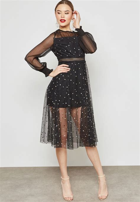 Buy Ella Black Polka Dot Tulle Mesh Overlay Midi Dress For Women In