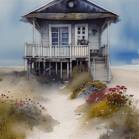 Kleines Strandhaus Aquarell Mit Blumen Creative Fabrica