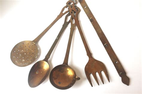 Vintage Brass Utensil Set With Hanger Large Utensils For Etsy