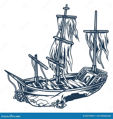 Wrecked Ship Vintage Monochrome Emblem Stock Vector Illustration Of