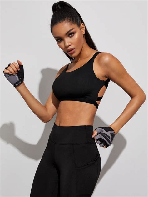 SHEIN Sport Slayoga Medium Support Letter Tape Strappy Back Sports Bra