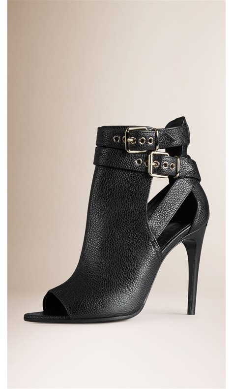 Buckle Detail Leather Peep Toe Ankle Boots In Black Women Burberry United States