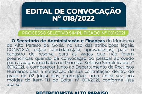 Edital de Convocação Nº 018 2022 PROCESSO SELETIVO SIMPLIFICADO N 001 2021