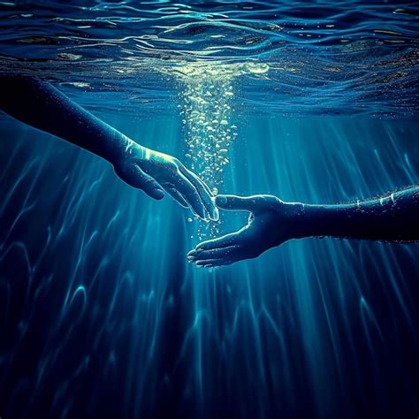 Premium Photo Submerged Connection Two Hands In Deep Blue Water Reach