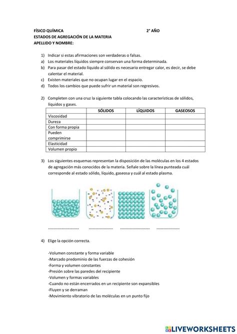 Ficha interactiva de Estados de la materia para 2 AÑO DE SECUNDARIA