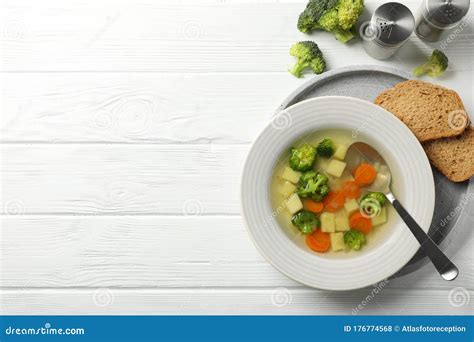 Soup On Wooden Background Healthy Food Stock Photo Image Of Bread