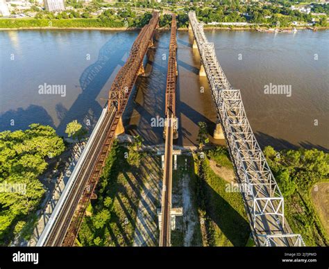 Drone view of the Memphis Arkansas Memorial Bridge, Frisco Bridge and ...