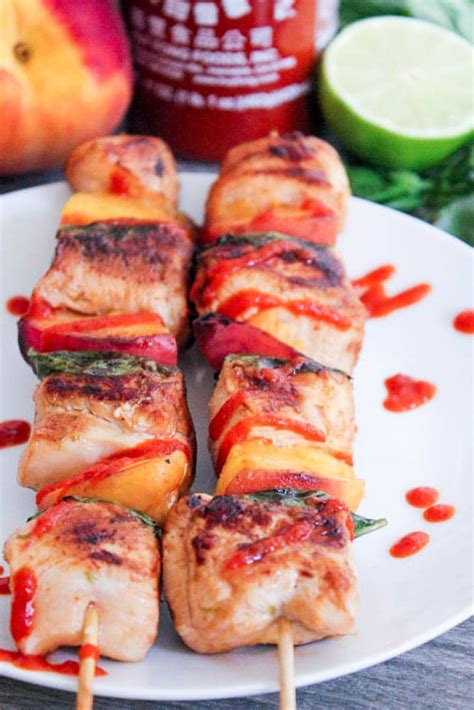 Sriracha Glazed Chicken Skewers With Peaches And Basil Domesticate ME