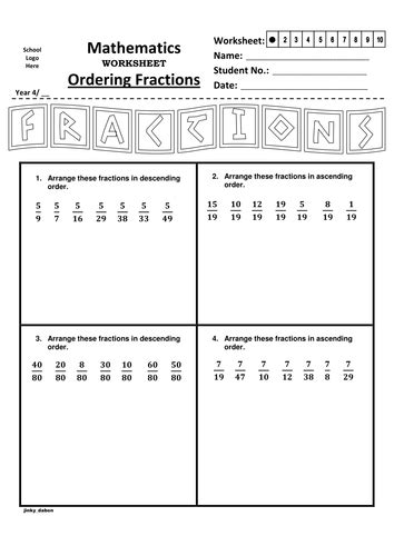 Ordering Fractions Handout Teaching Resources