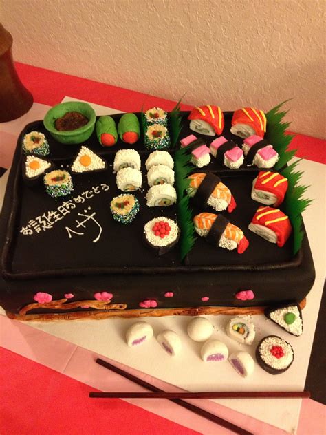 Birthday Cake With Fake Sushi Made Out Of Marshmallow Fondant Candy