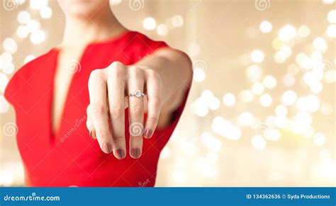 Close Up Of Female Hand With Diamond Ring Stock Photo Image Of Lights